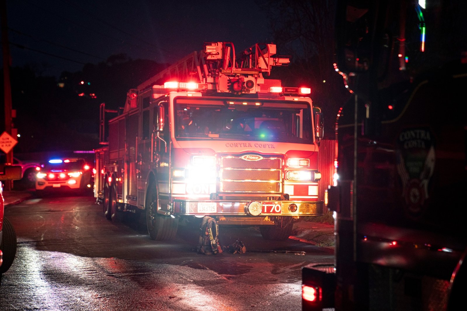 fire truck at night with lights on